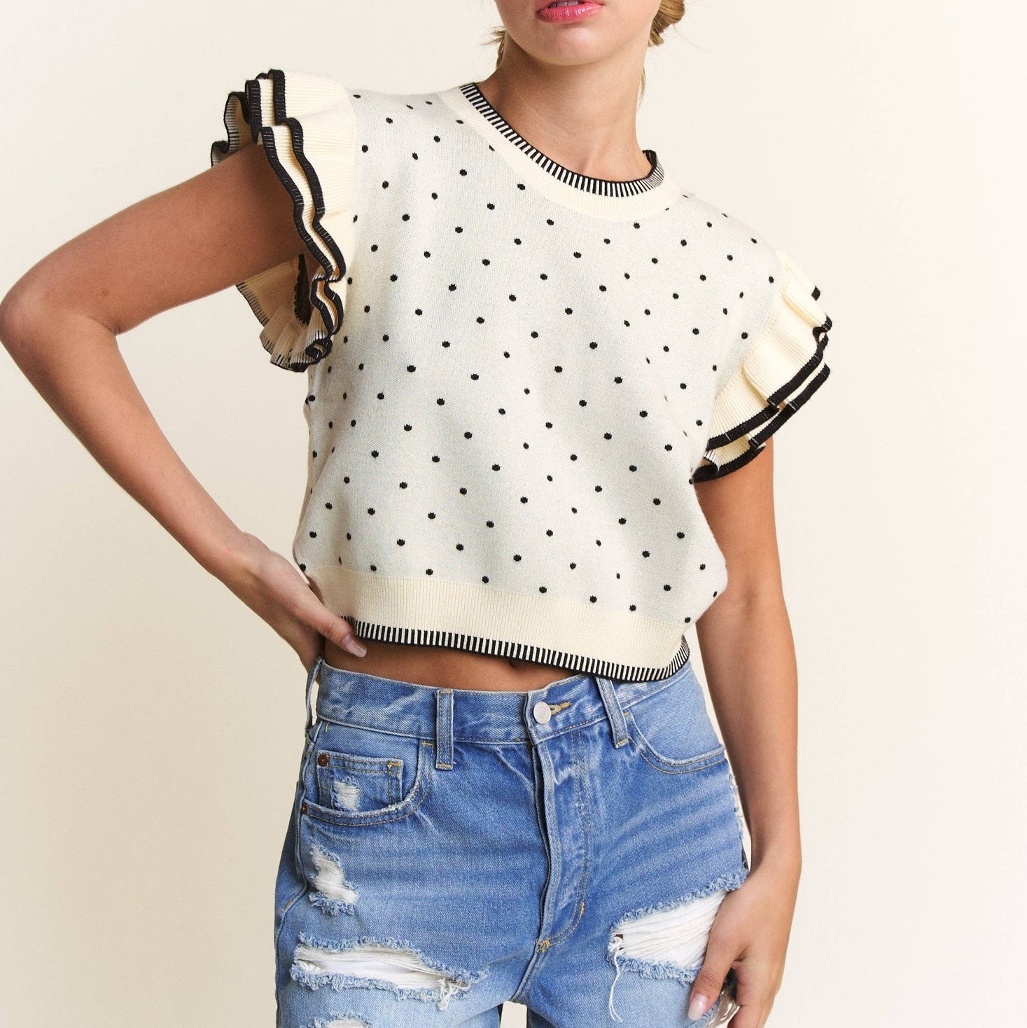 Ivory Polka Dot Sweater Top Tops