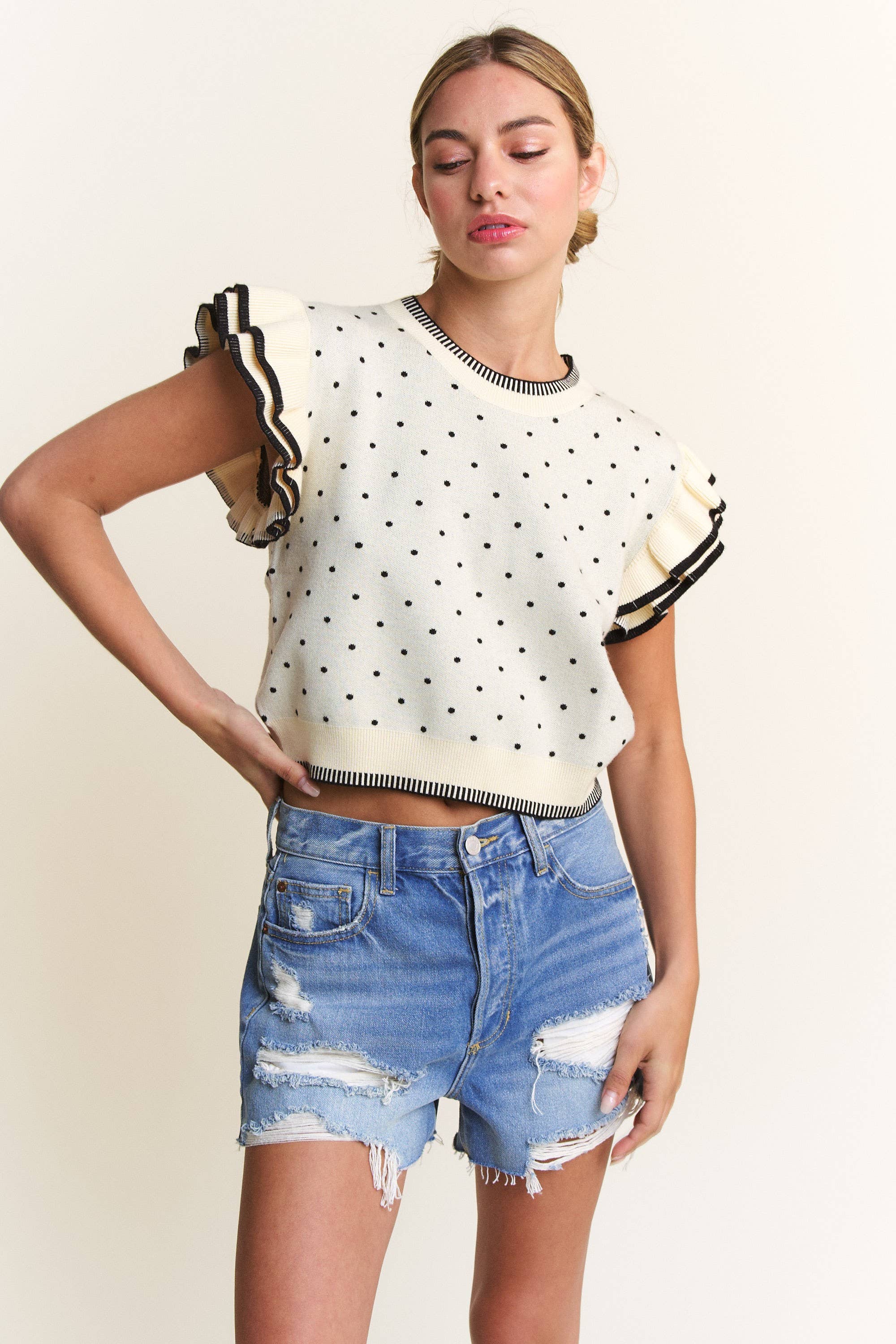 Ivory Polka Dot Sweater Top Tops