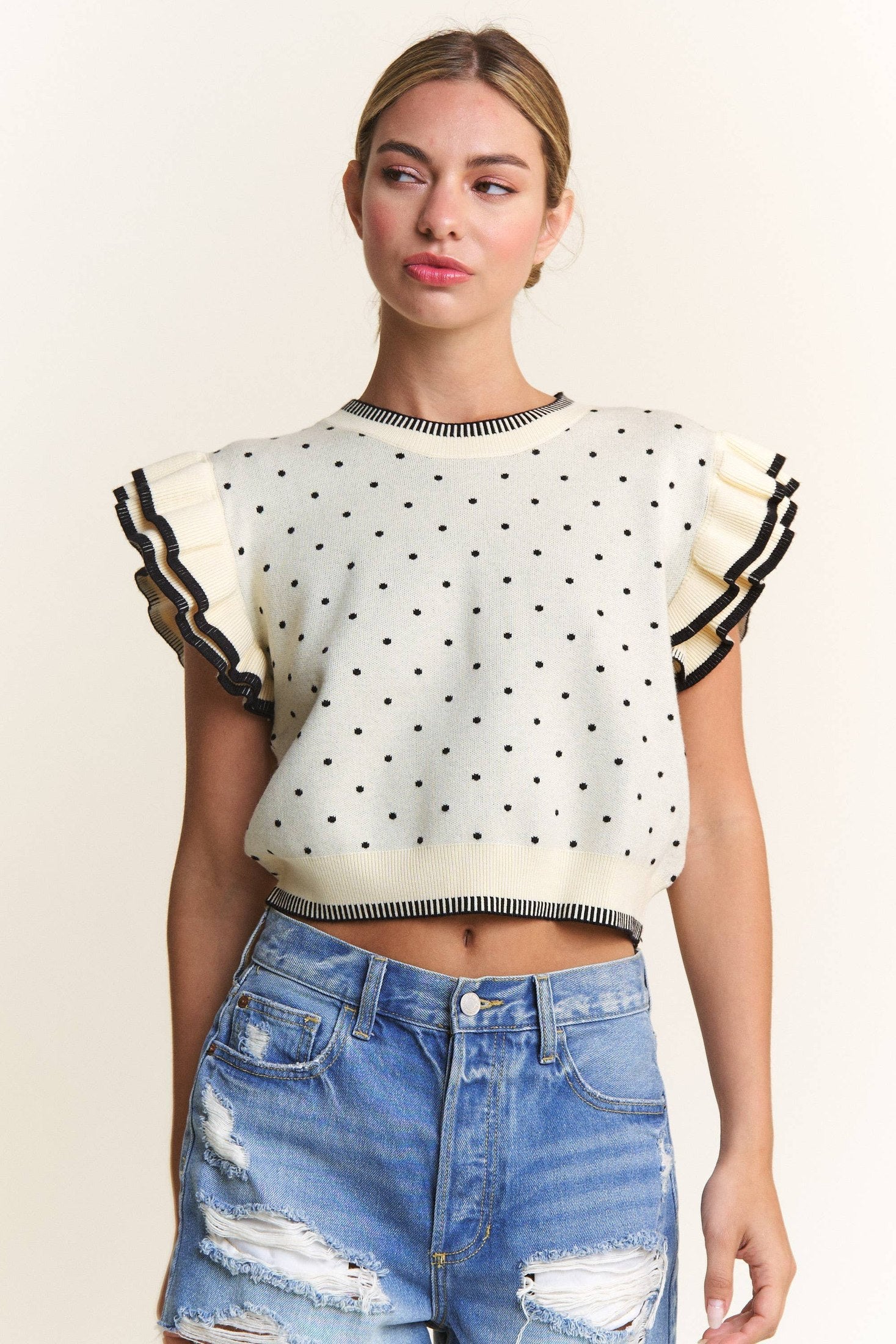 Ivory Polka Dot Sweater Top Tops