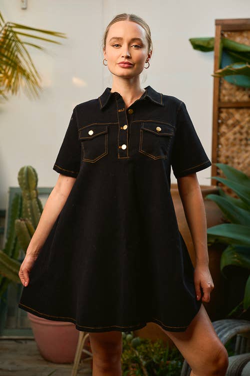 JADE BY JANE - DENIM HENLEY SHIRT MINI DRESS 