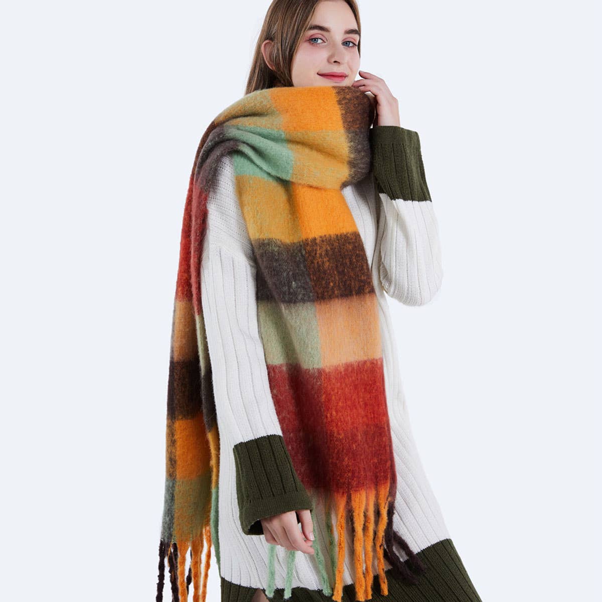 Knitted Plaid Oversize Scarf Scarves