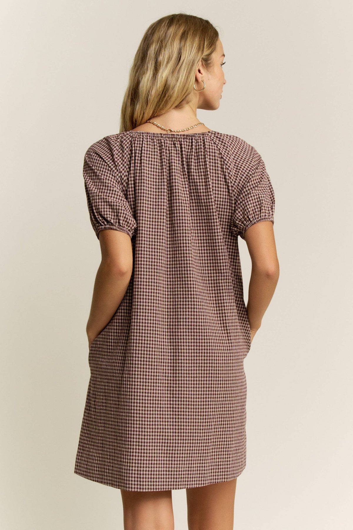 LARA DAISY INC - Gingham Puff Sleeve Drawstring Neck Dress 