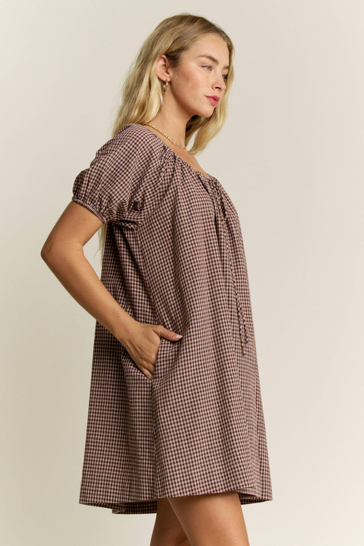 LARA DAISY INC - Gingham Puff Sleeve Drawstring Neck Dress 