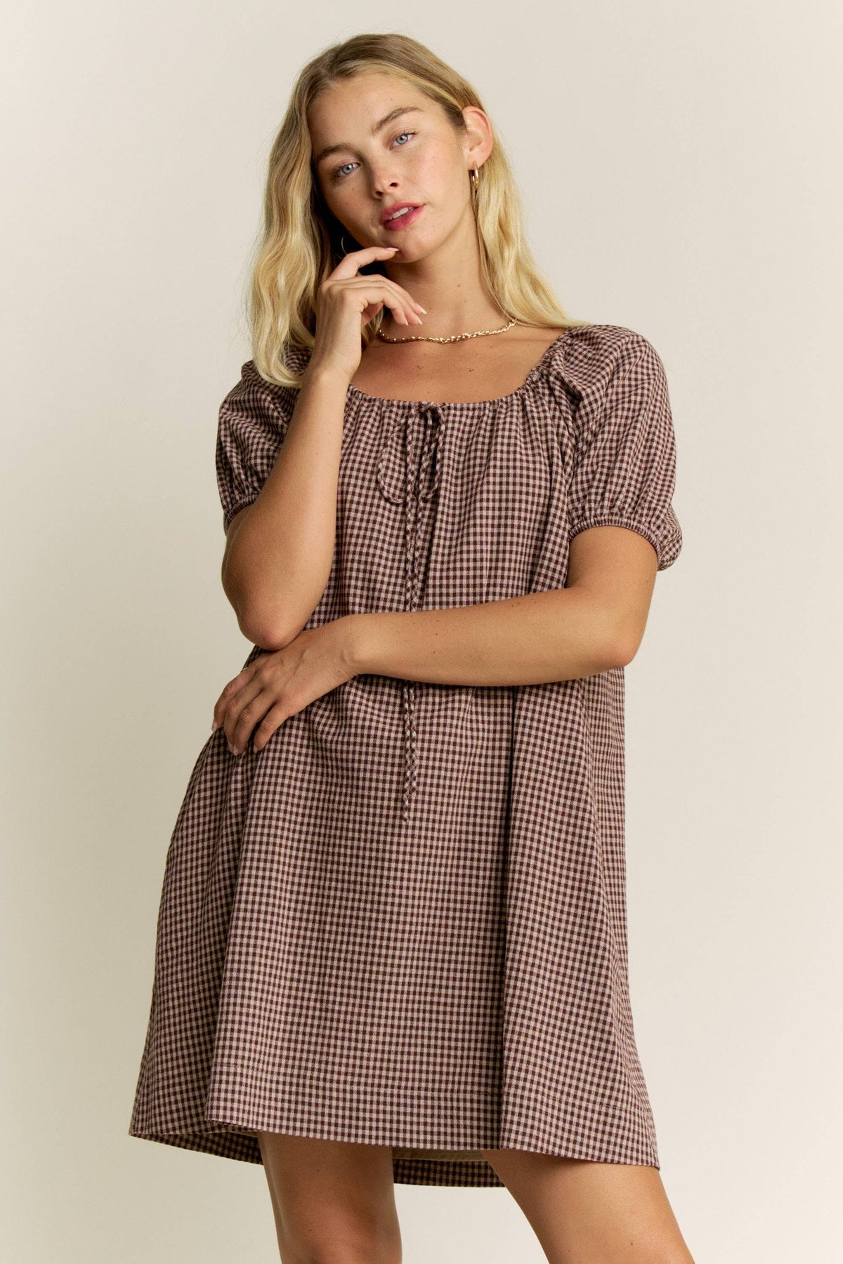 LARA DAISY INC - Gingham Puff Sleeve Drawstring Neck Dress 