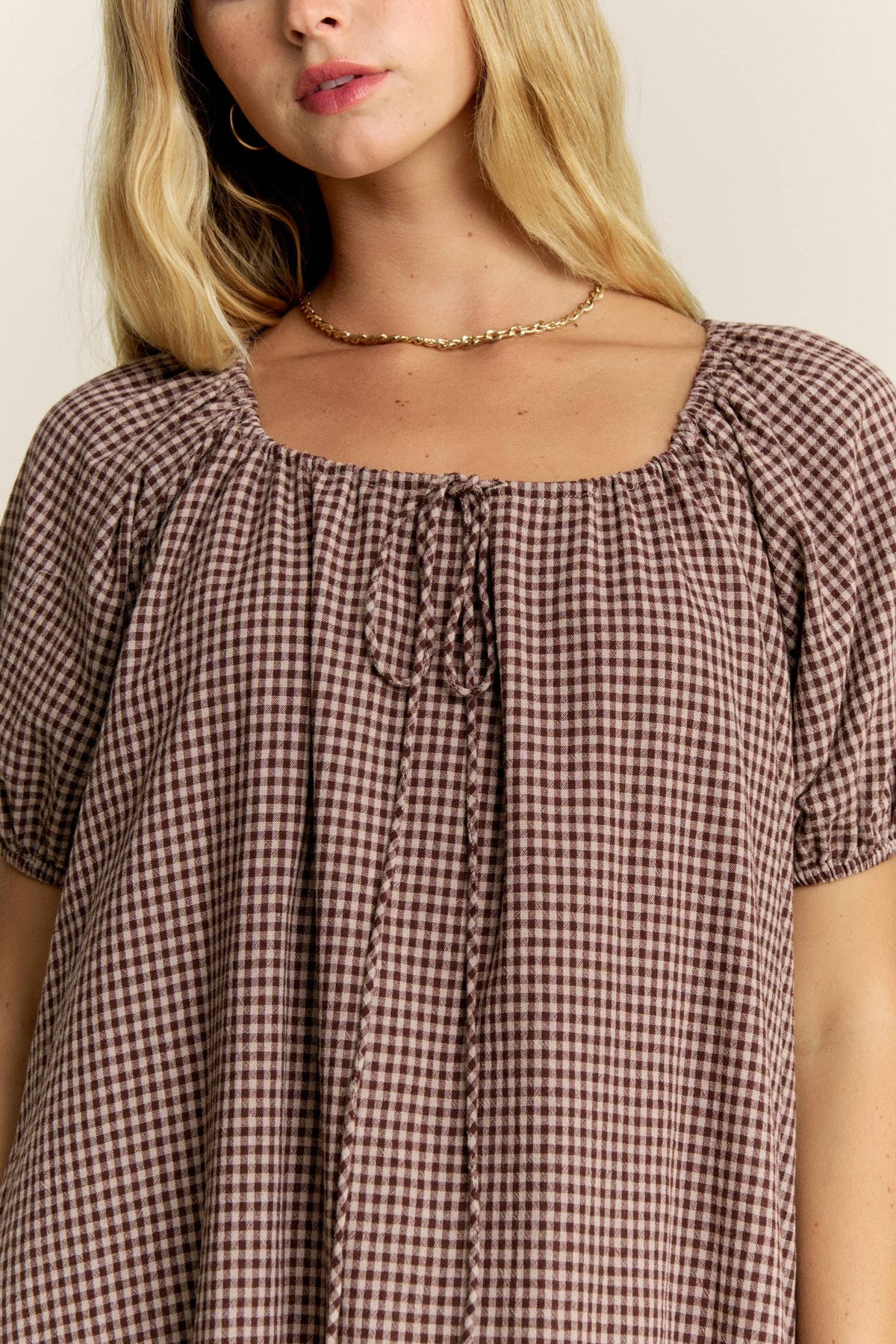 LARA DAISY INC - Gingham Puff Sleeve Drawstring Neck Dress 