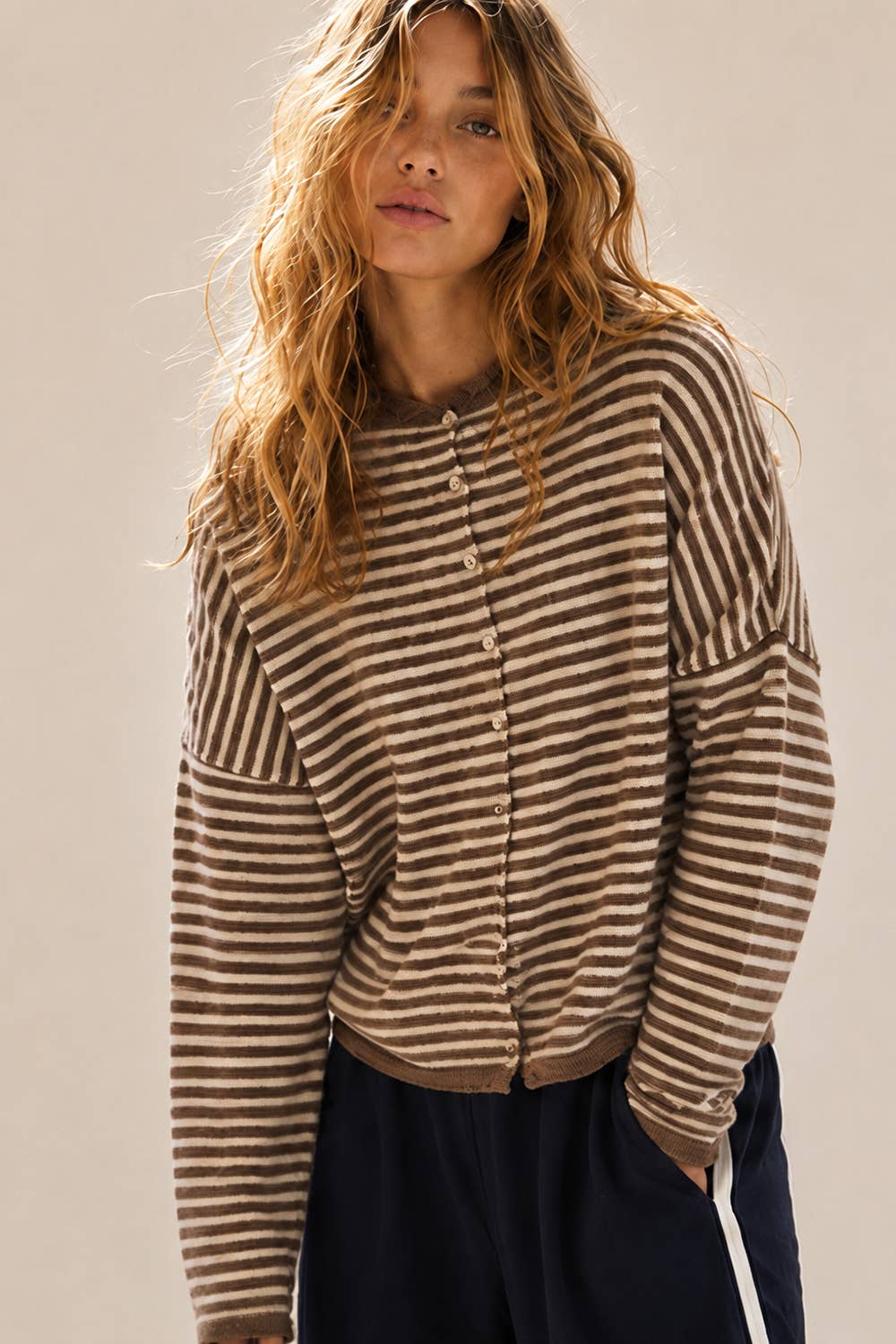 LARA DAISY INC - Soft Stripe Button-Front Knit Sweater Cardigan | LJ7122 