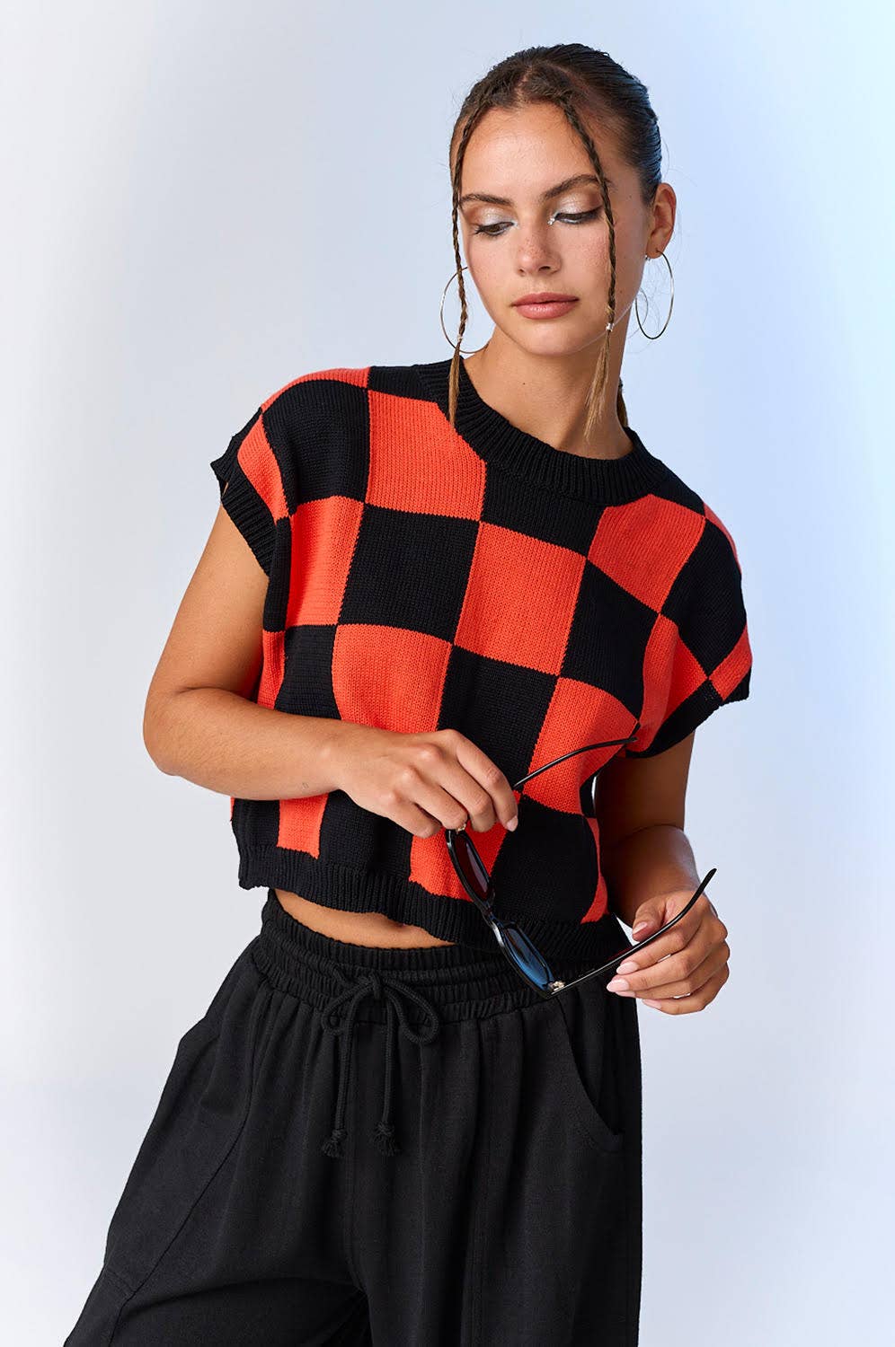 Loose Fit Checker Knit Top Tops