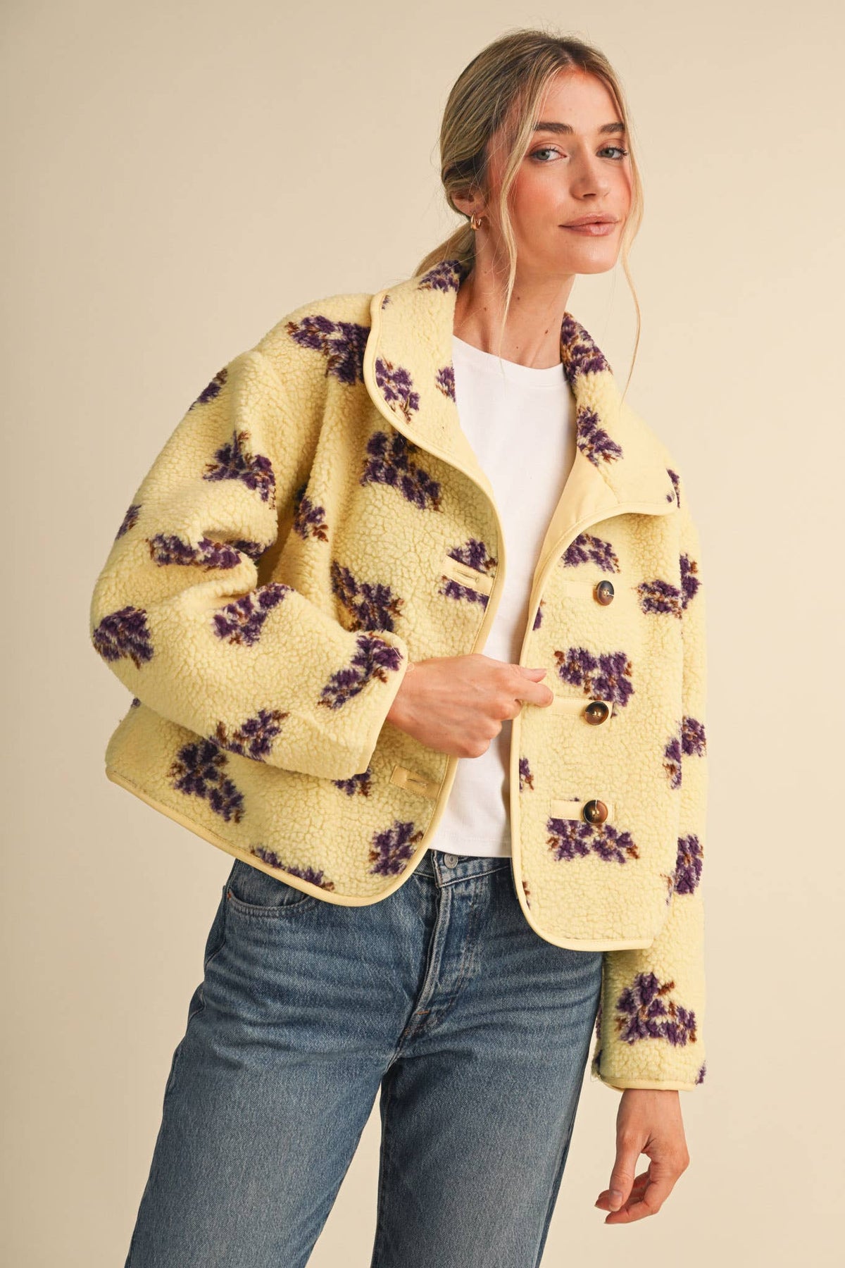 &MERCI - FLORAL FAUX SHERPA JACKET WITH PIPING MJK5115 