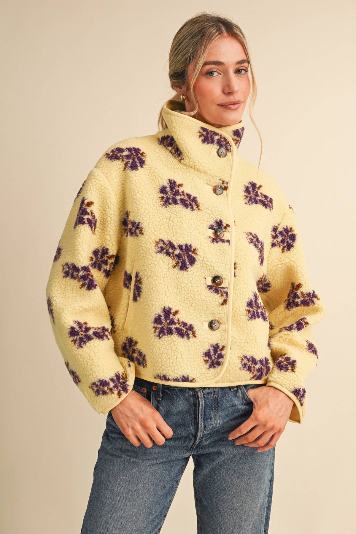 &MERCI - FLORAL FAUX SHERPA JACKET WITH PIPING MJK5115 