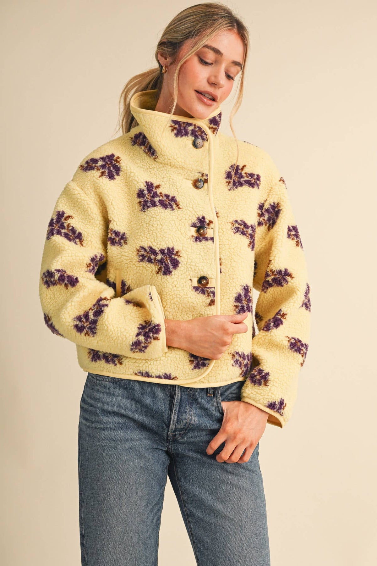 &MERCI - FLORAL FAUX SHERPA JACKET WITH PIPING MJK5115 