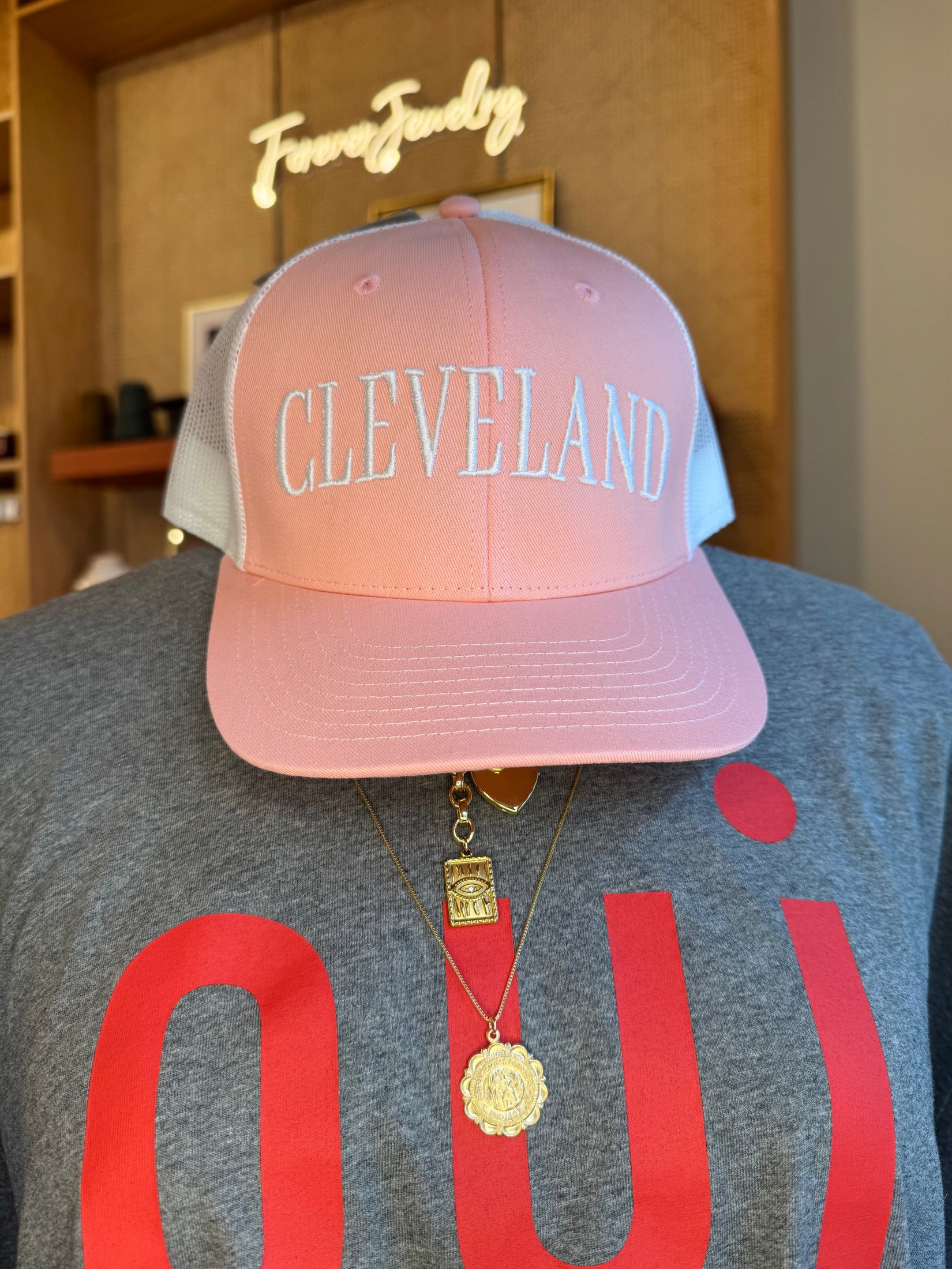 Pink Cleveland Trucker Hat Hats + Bandanas