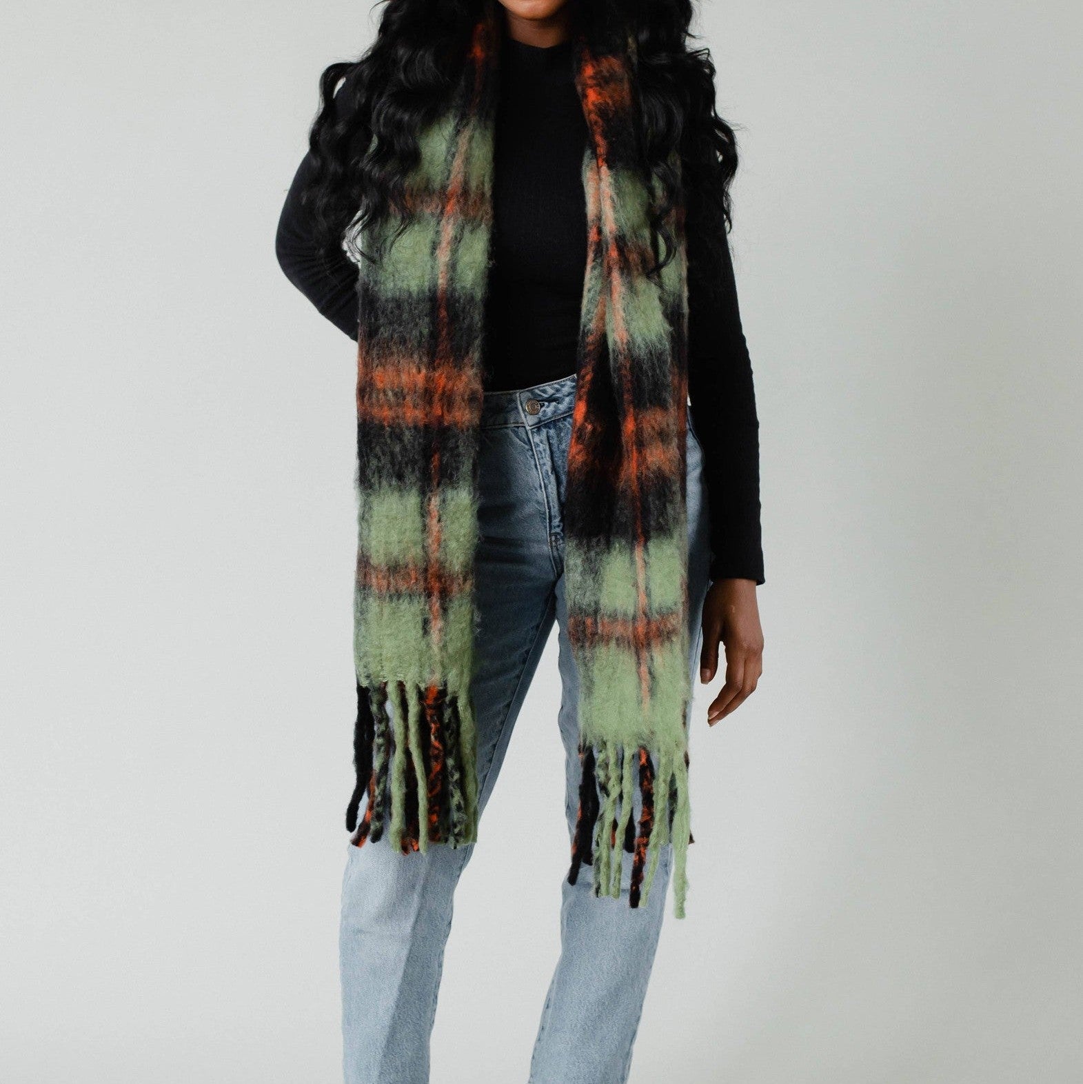 Plaid Long Scarf with Fringe- Green, Rust & Black Scarves