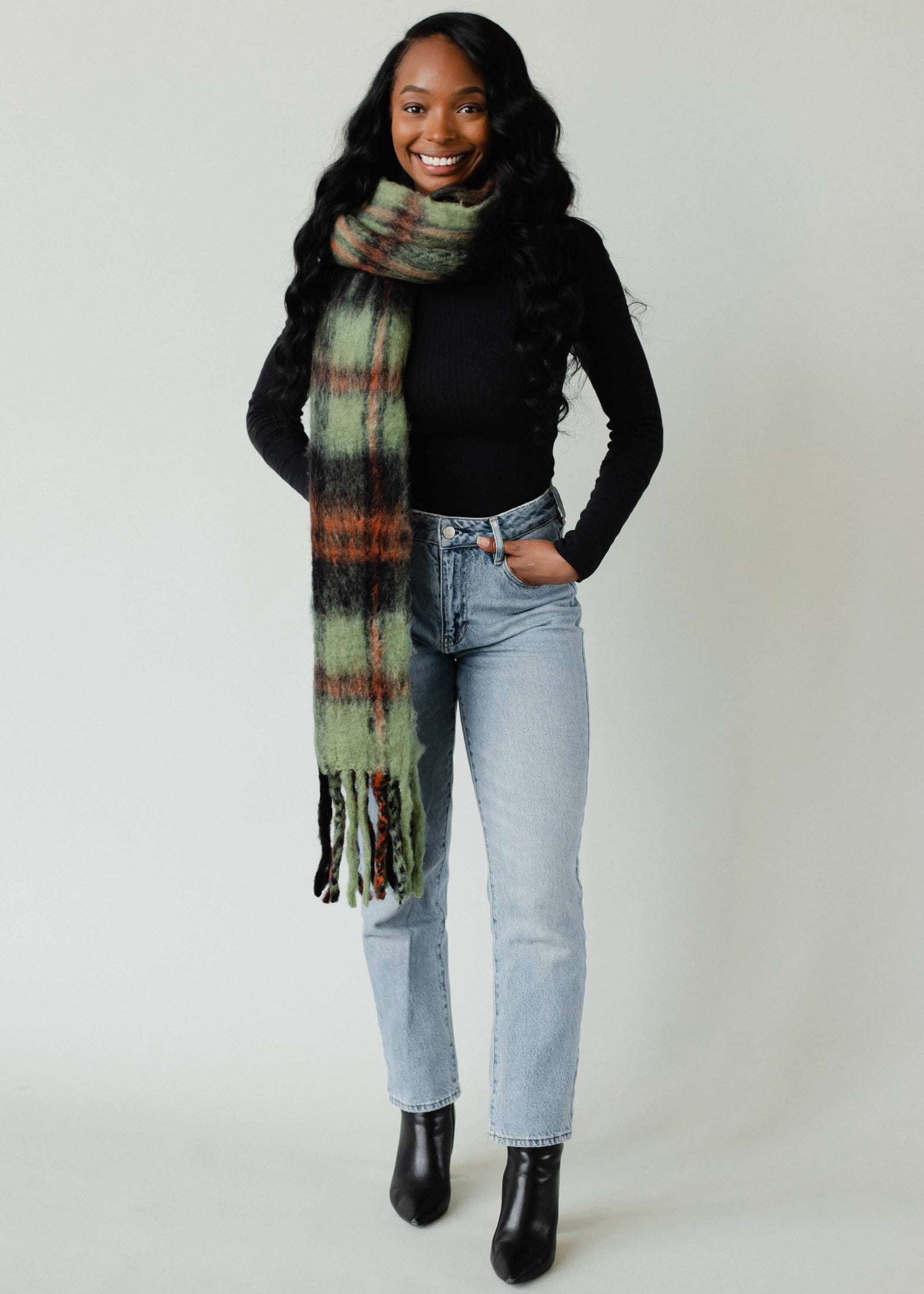 Plaid Long Scarf with Fringe- Green, Rust & Black Scarves