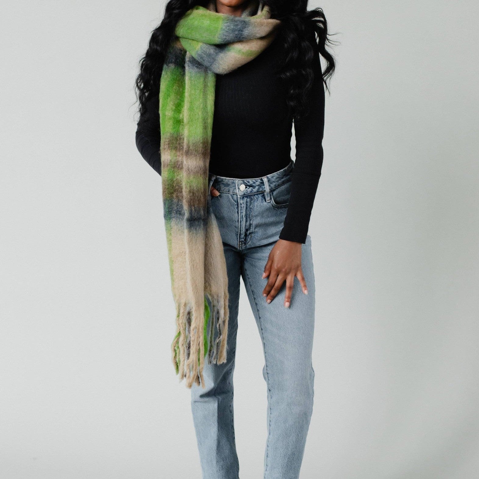 Plaid Long Scarf with Fringe -Tan, Blue & Green Scarves