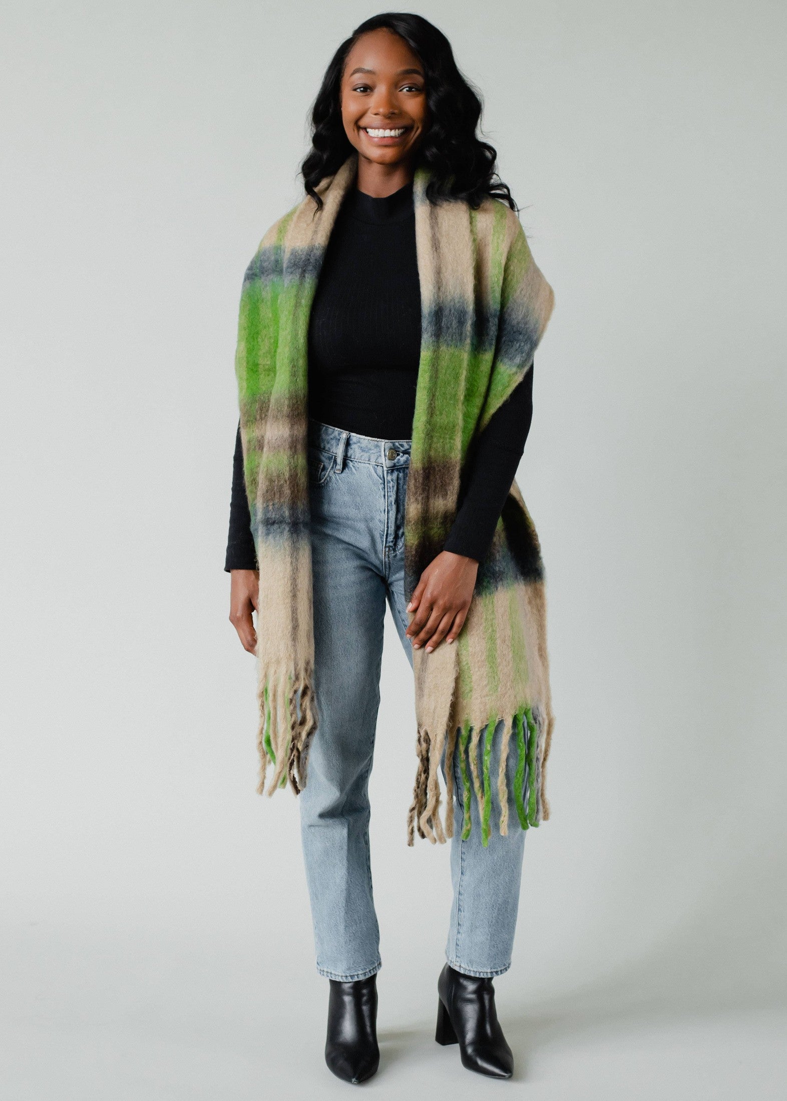 Plaid Long Scarf with Fringe -Tan, Blue & Green Scarves