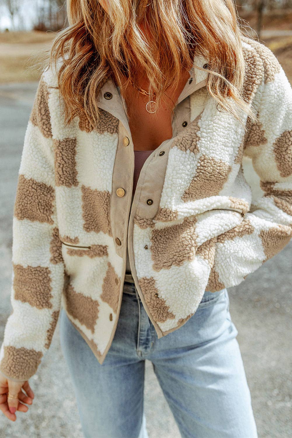 Plush Checkered Sherpa Snap Button Jacket Jackets