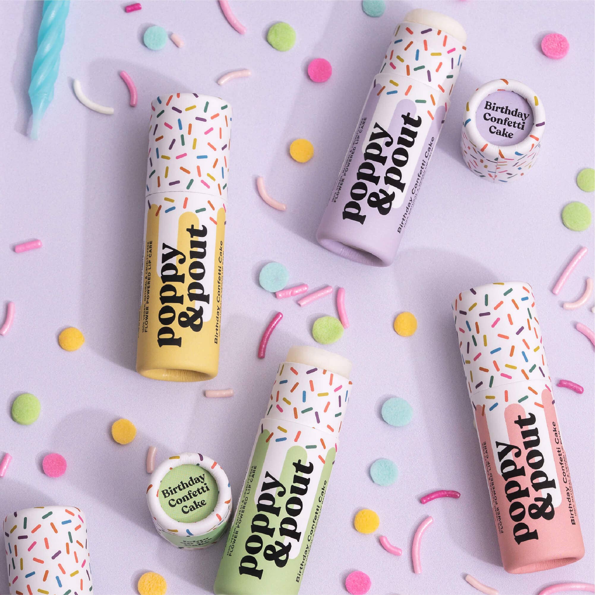 Poppy & Pout - Lip Balm, Birthday Confetti Cake, Purple 