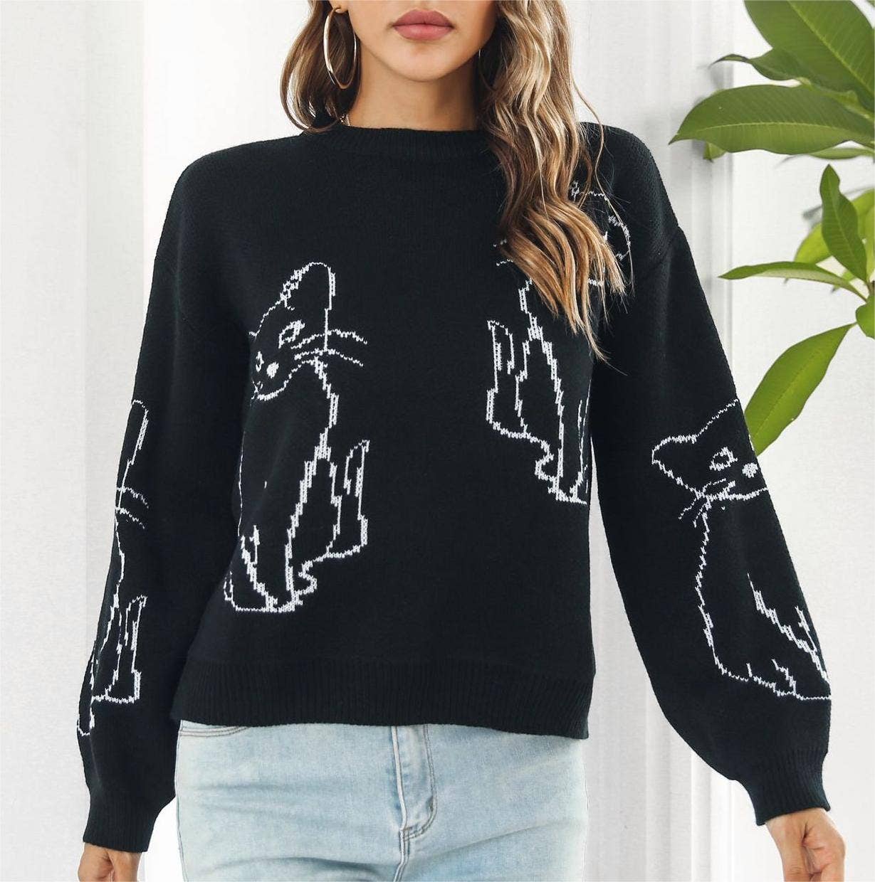 Rosa Clothing - Cat jacquard jumper knitted sweater 