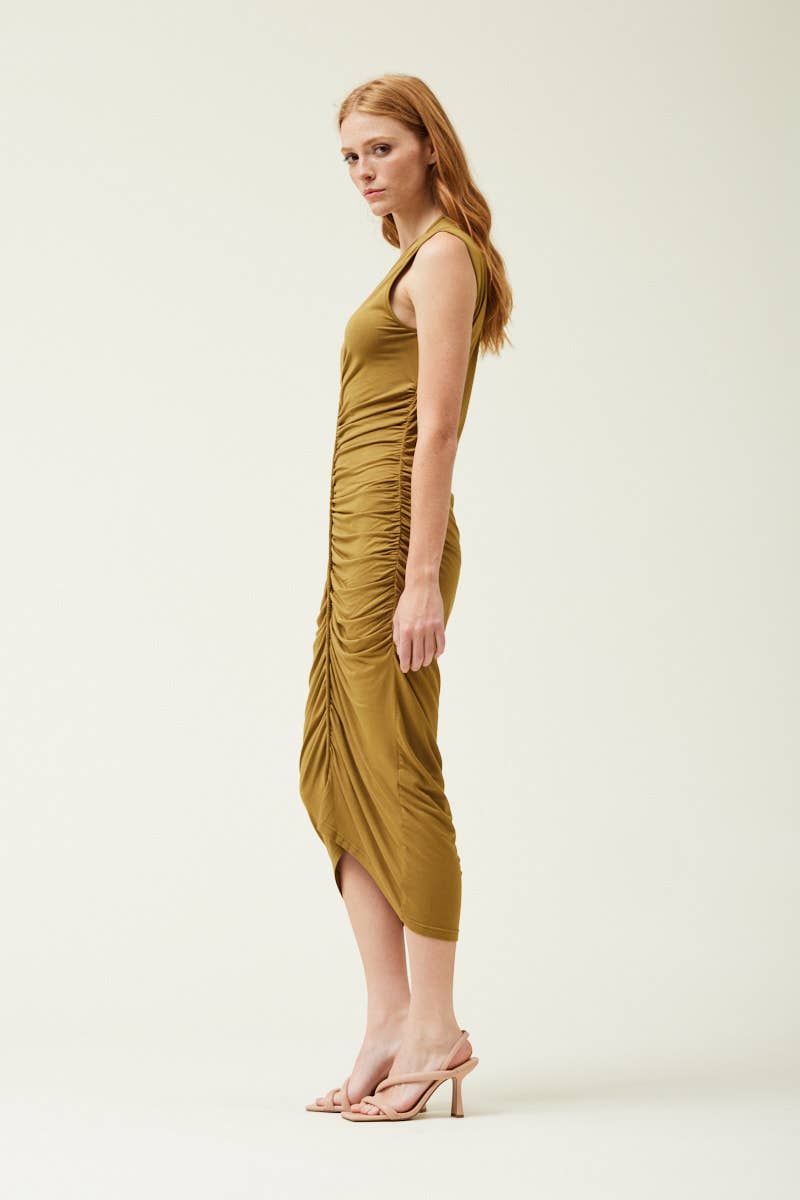 SOFT JERSEY SHIRRING MIDI DRESS Dresses + Jumpsuits
