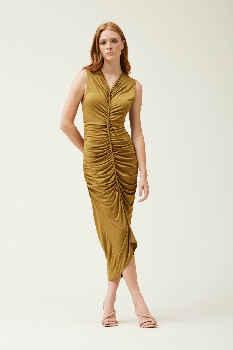 SOFT JERSEY SHIRRING MIDI DRESS Dresses + Jumpsuits