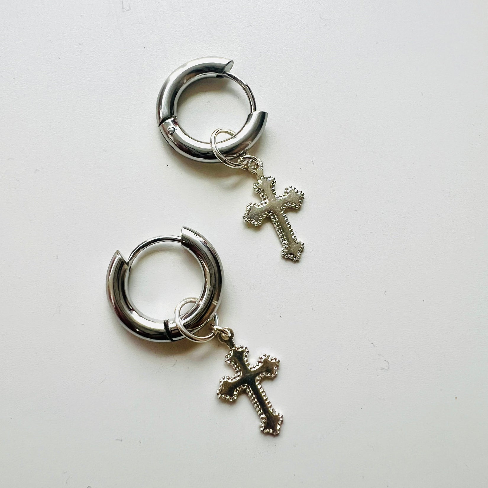 Silver Cross Hoops Earrings