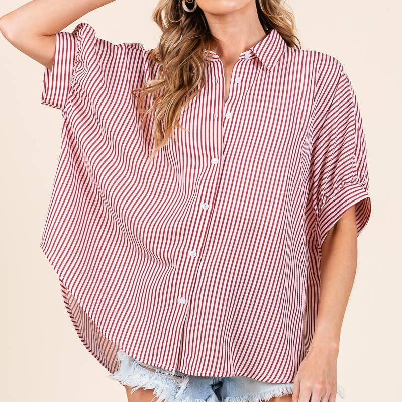 Striped Boxy Oxford Button Down Shirt Tops