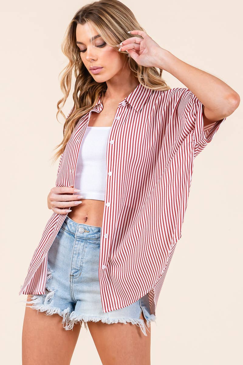 Striped Boxy Oxford Button Down Shirt Tops