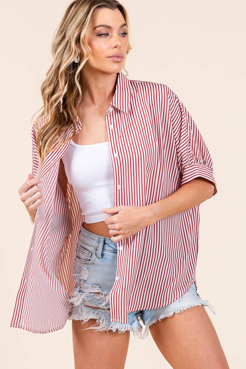 Striped Boxy Oxford Button Down Shirt Tops