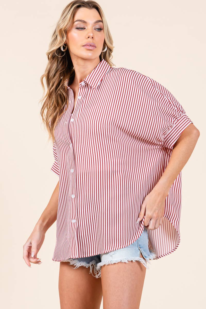 Striped Boxy Oxford Button Down Shirt Tops