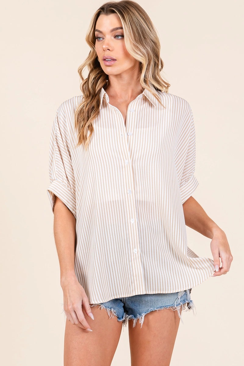 Striped Boxy Oxford Button Down Shirt Tops