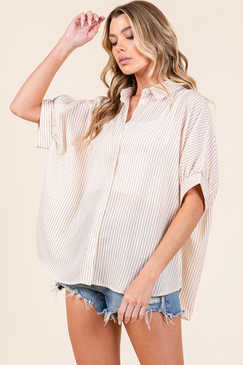 Striped Boxy Oxford Button Down Shirt Tops