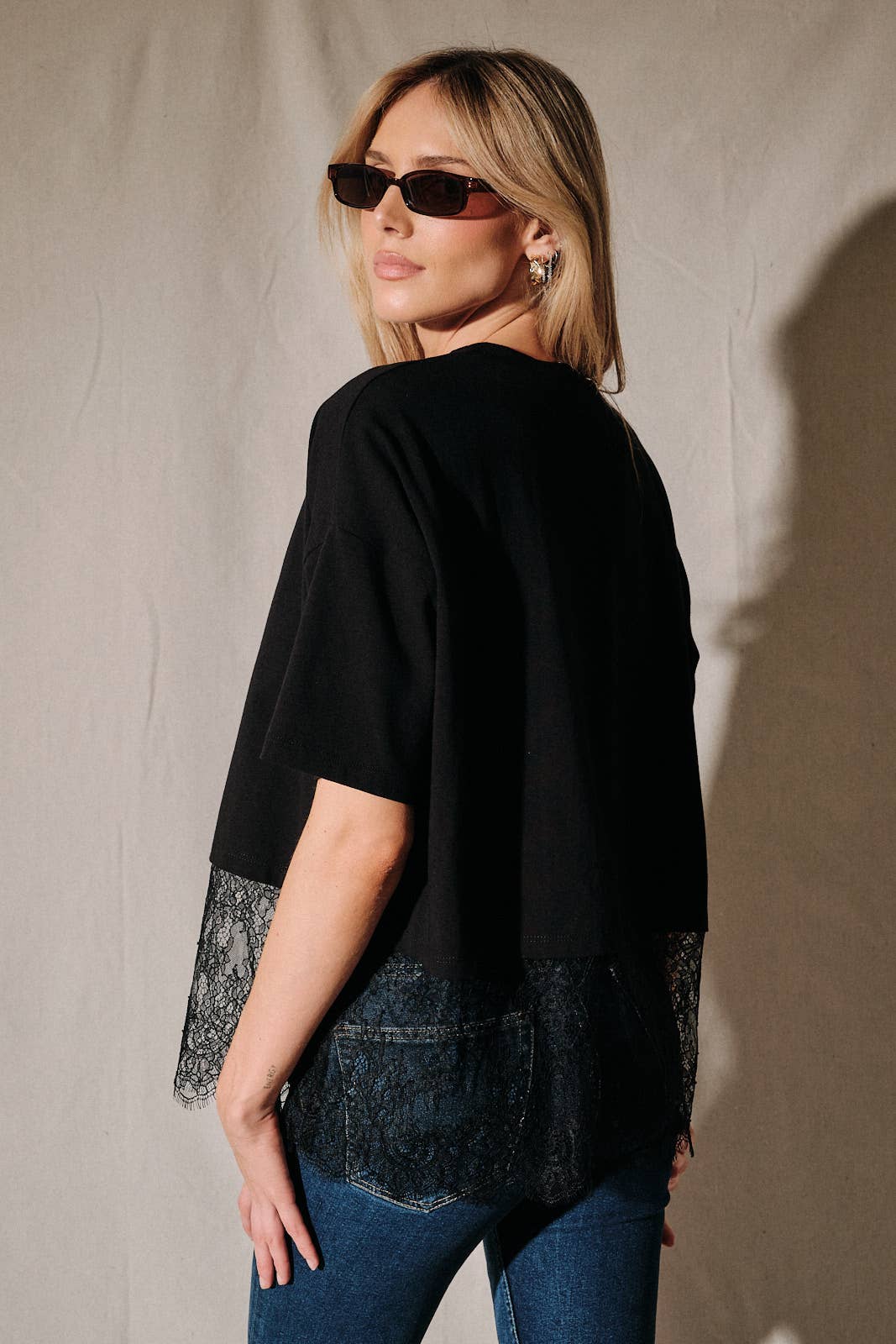 Sunday Edition by LE LIS - Oversized Lace Hem Short Sleeve Top 