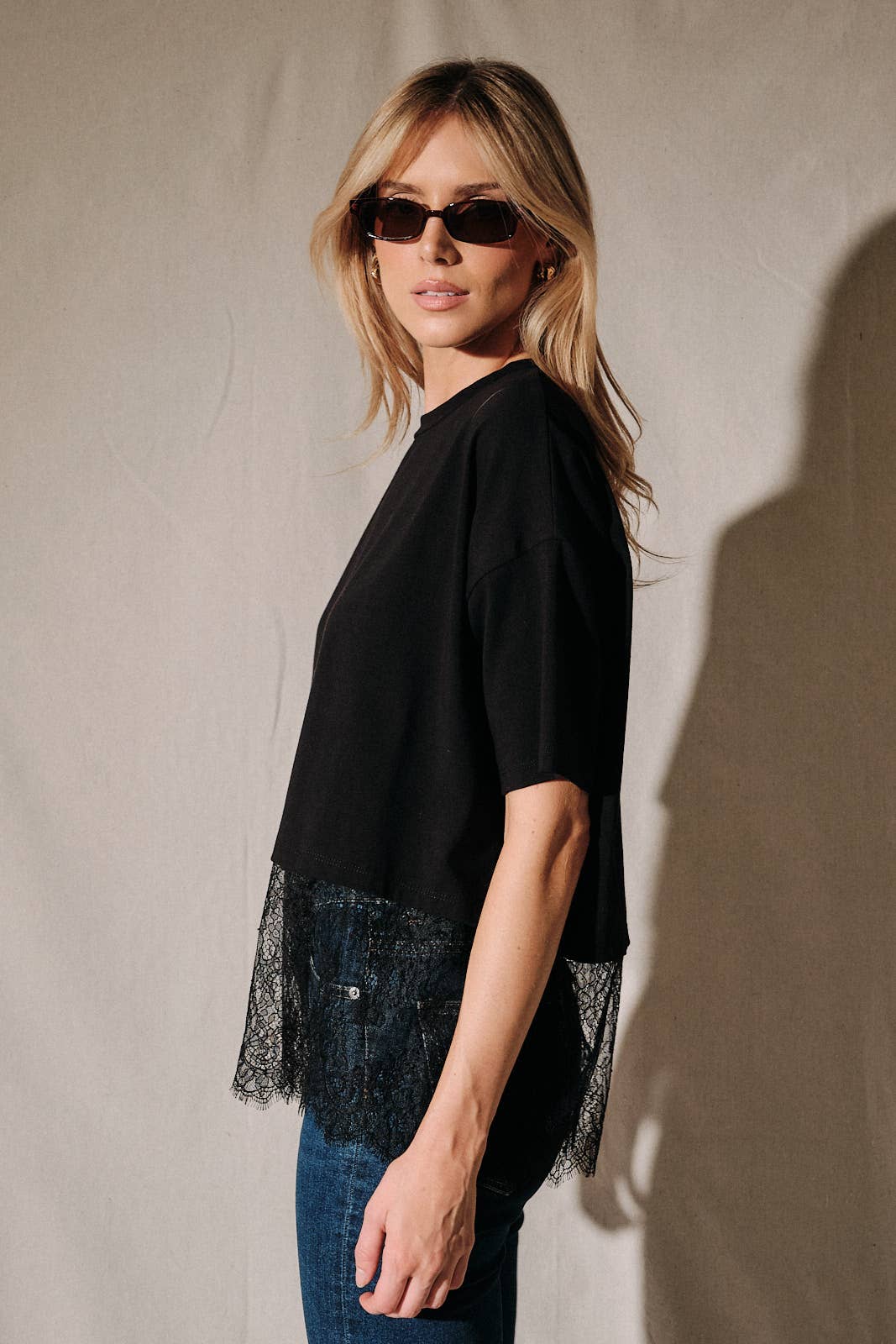 Sunday Edition by LE LIS - Oversized Lace Hem Short Sleeve Top 