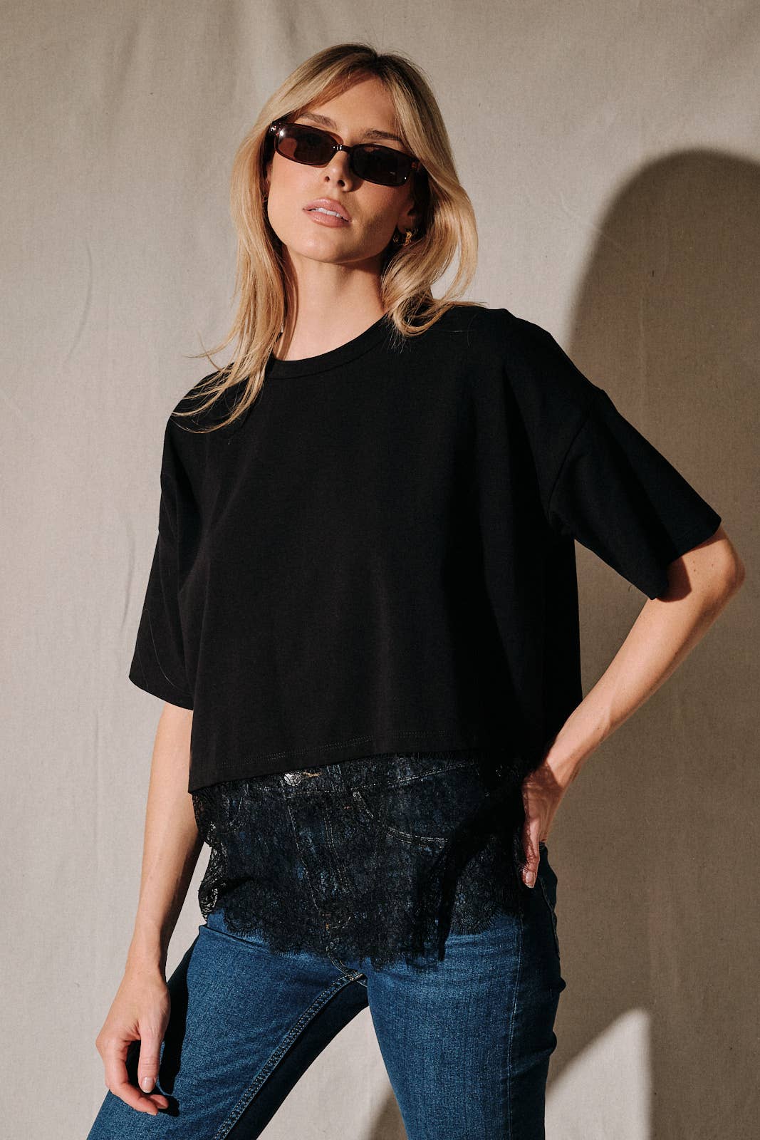 Sunday Edition by LE LIS - Oversized Lace Hem Short Sleeve Top 