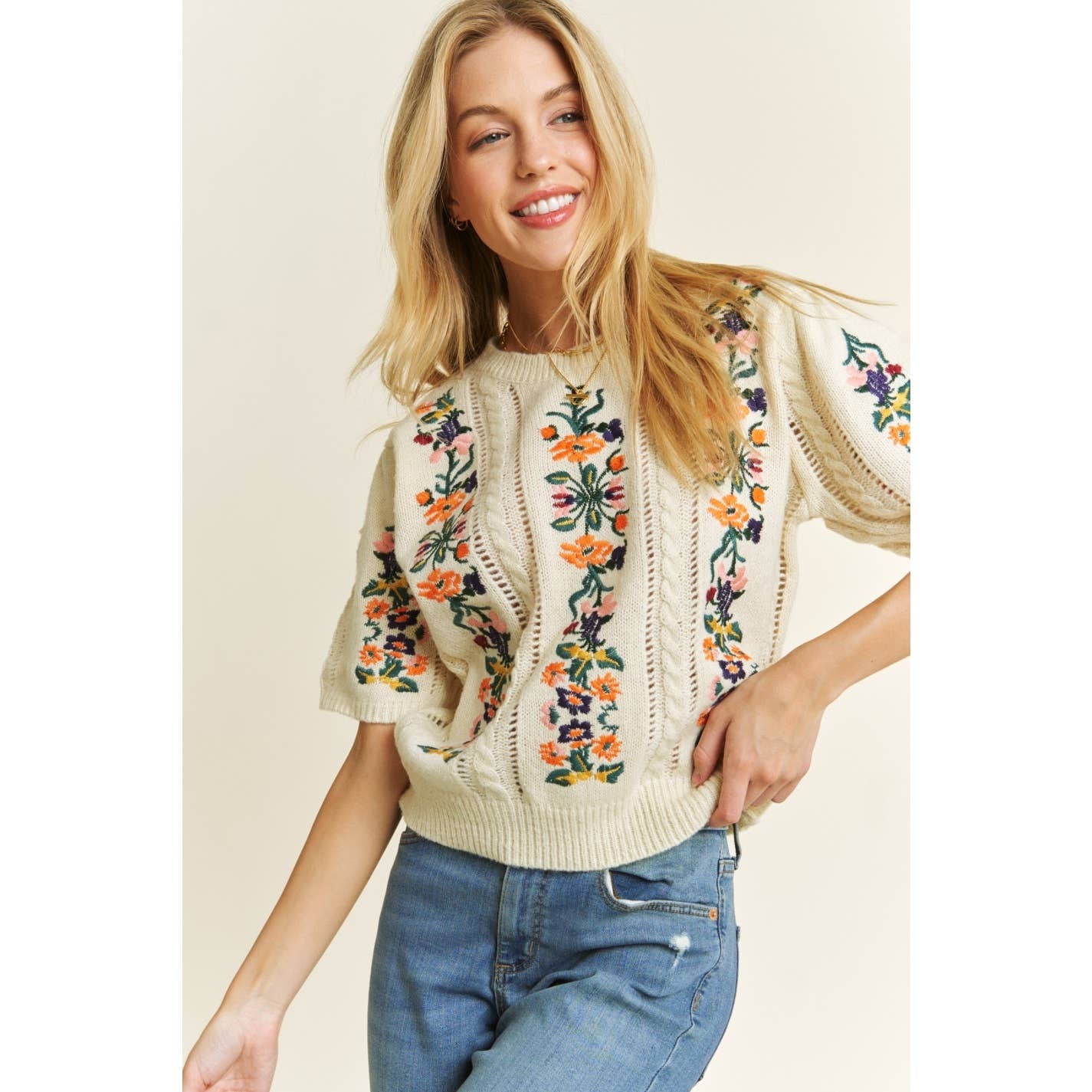 Sweet Generis - CUTE FLORAL EMBROIDERY CASUAL PULLOVER SWEATER 