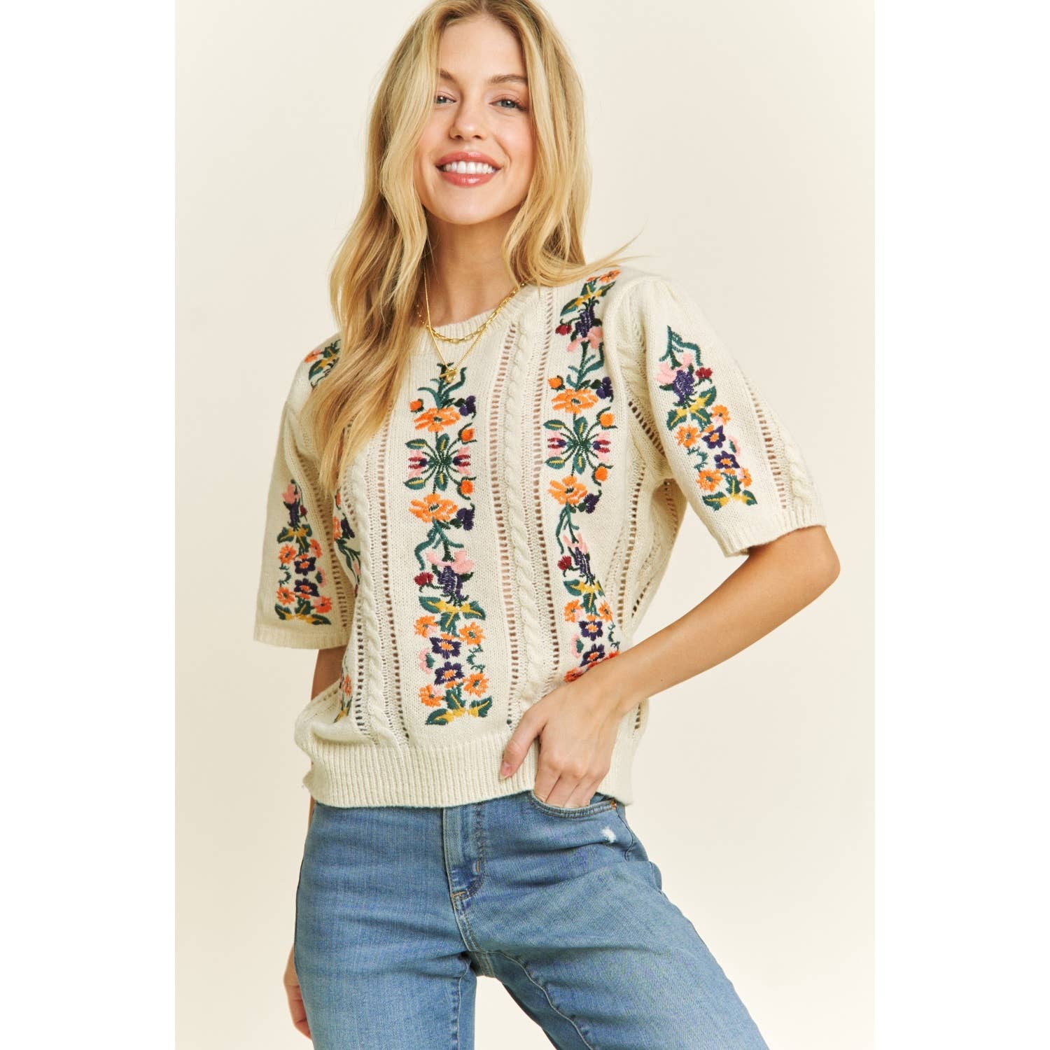 Sweet Generis - CUTE FLORAL EMBROIDERY CASUAL PULLOVER SWEATER 