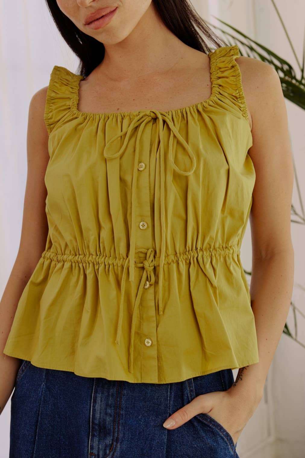 The Darla Top - Gathered Poplin Lime Colored Crop Top Tops