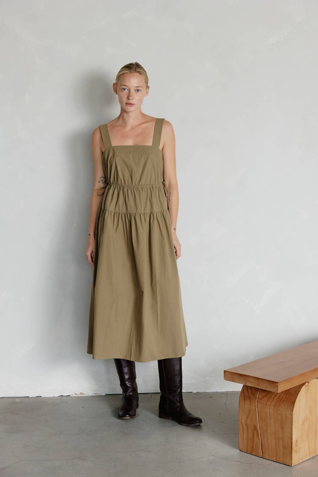 The Delilah Dress - Tiered Midi Dress with Side Drawstring: Khaki Dresses + Jumpsuits