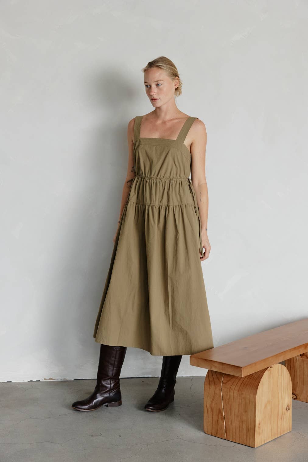 The Delilah Dress - Tiered Midi Dress with Side Drawstring: Khaki Dresses + Jumpsuits