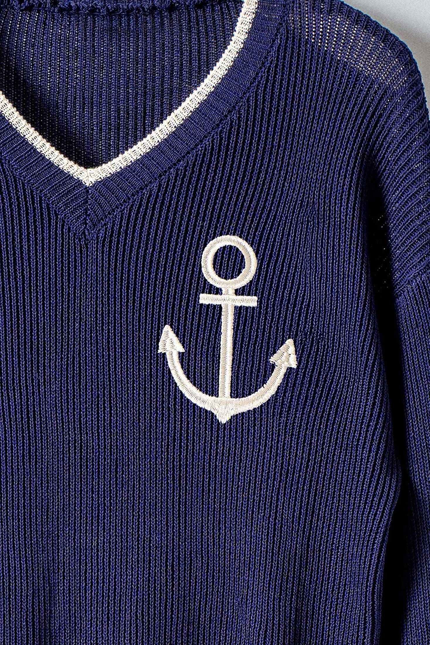 Urban Daizy - Nautical Anchor V-Neck Knit Top Contrast Trim 