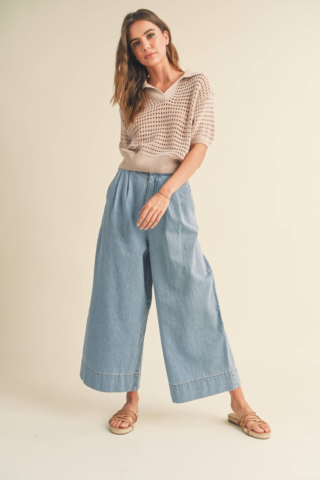 Wide Leg Washed Denim Cropped Jeans