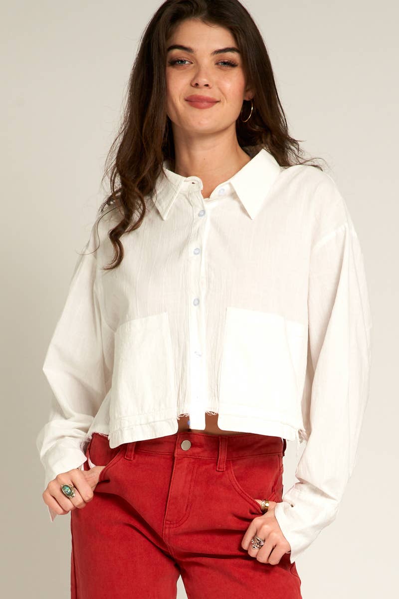 Long Sleeve Cropped Button Down Shirt Tops