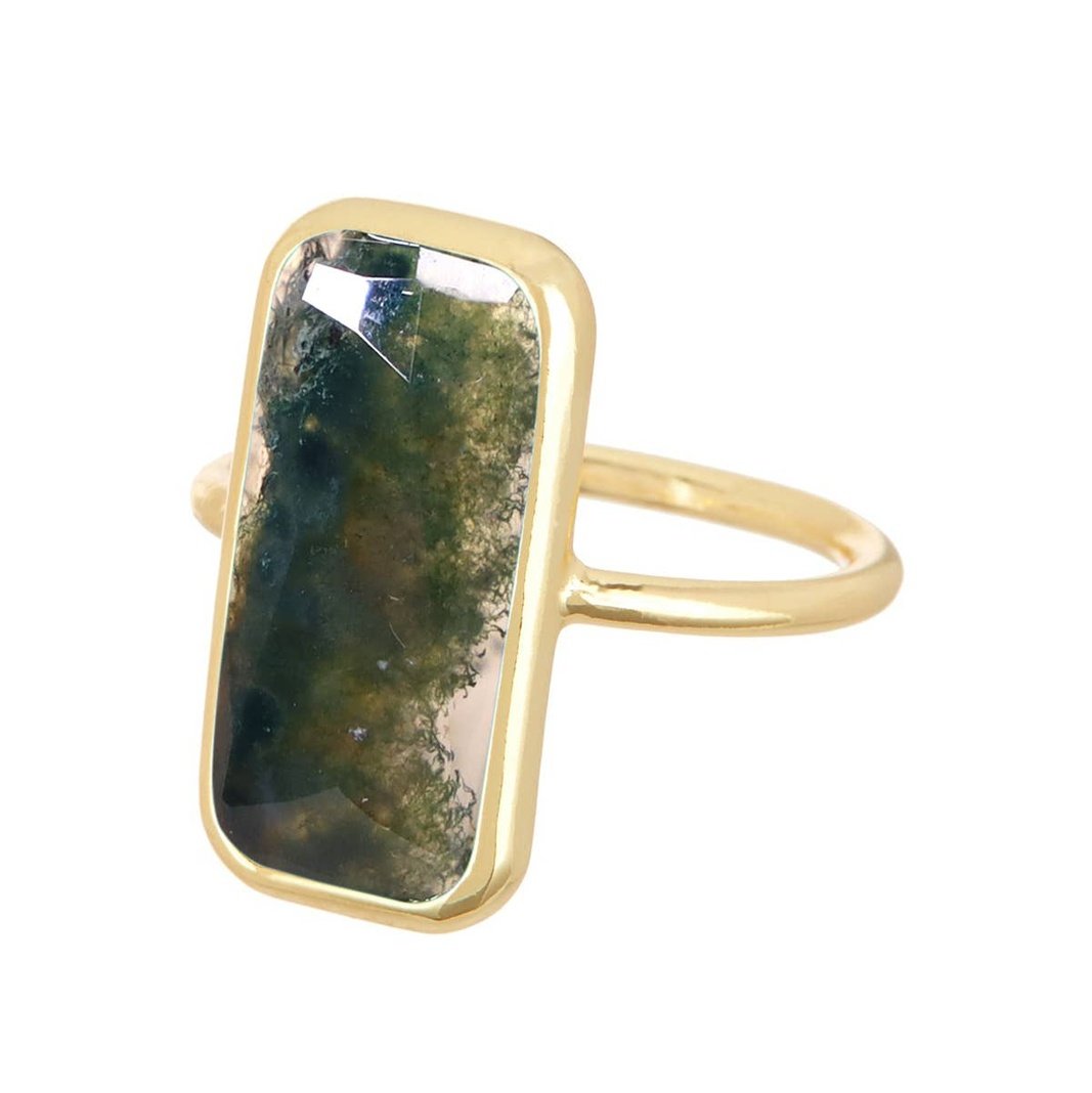 Moss Agate Rectangle Ring Rings
